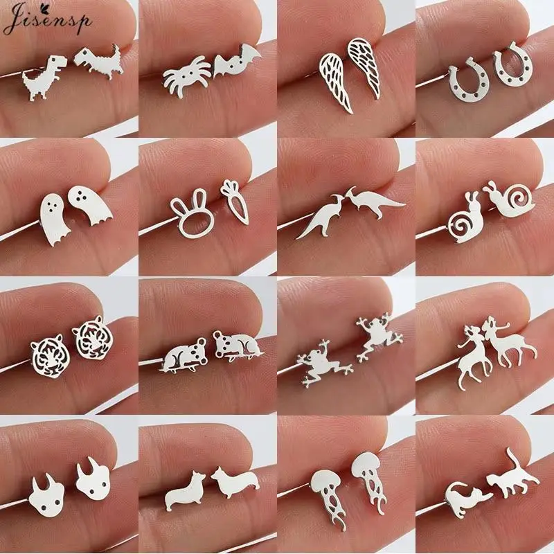Cute Stainless Steel Dinosaur Earrings for Women Daily Jewelry Fashion Tiger Koala Ghost Earings Studs Kawaii Accessories Brinco