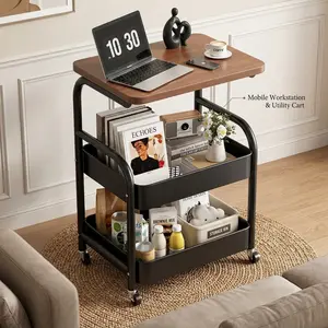 Mobile C-Shaped Side Table with Storage, Rolling End Table with Wood Top, 3-Tier Storage Cart on Wheels, Sofa Couch Snack Table, Bedside Nightstand for Living Room & Bedroom Black