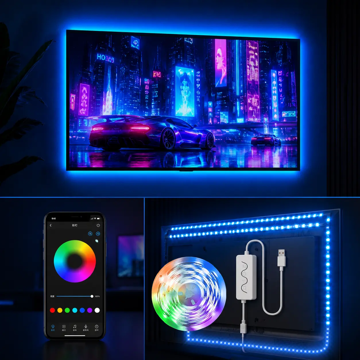 RGB LED TV Backlight Strip Lights - USB-Powered for 32-75 inch TV, Bluetooth APP & Remote Control, Music Sync, Adjustable Dynamic Colorful RGB Lighting, LED Lights for Bedroom Home Décor, Adjustable Rgb Lighting