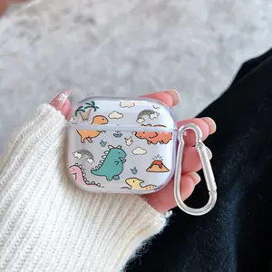 Dino Fantasy Land Pattern Protective Case for AirPods 4/3/2/1/Pro/Pro2 Soft TPU Earphone Cover, Transparent with Keychain