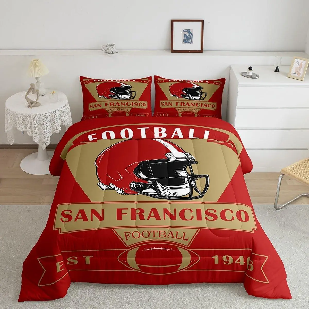 Feelyou American Football Complete Bedding Set - Breathable Microfiber Bold Graphic Design Duvet Set, Modern Geometric San Francisco Sports Print, Multi-Size Options for Football Fans, Complete Bedding Sets, Digital Print