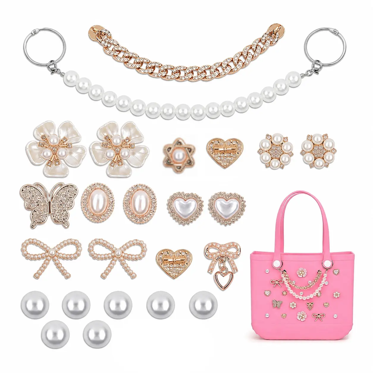 23 Pcs Pearl Chain Charms for Bogg Bag, Bow Butterfly Flower Heart Decorative Accessories for Simply Southern Rubber Beach Tote Bags