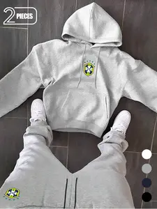 Brazil National Team Cbf Logo Hoodie and Joggers Set, Athletic Tracksuit Set, Sweatsuit Set, Casual Fitted Sportswear for Game Days or Street Style, Fall and Winter Activewear