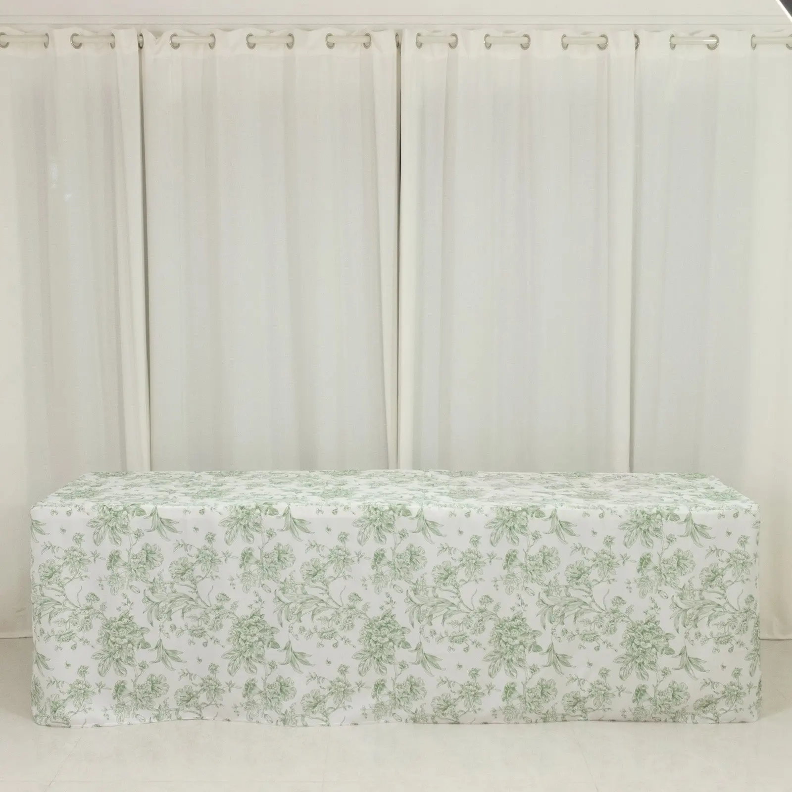 8ft Long Fitted Rectangular French Toile Polyester Tablecloth - Dusty Sage Green & White, Wrinkle-Free, Machine Washable, Outdoor Wedding Outdoor Table Decoration Cover