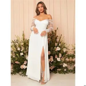 Bridal Long Elegant Chiffon Thigh Mesh Contrast Belle tiktok Split Bustier Wedding Dress White Sleeve Shower
