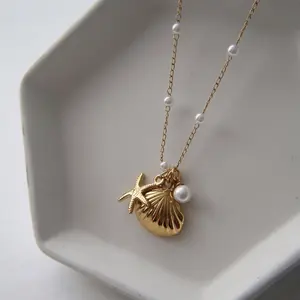 Pearl Decorated Shell & Starfish Design Pendant Necklace for Women, Stainless Steel Jewelry for Daily Wear, Jewelry for Birthday & Christmas Gift