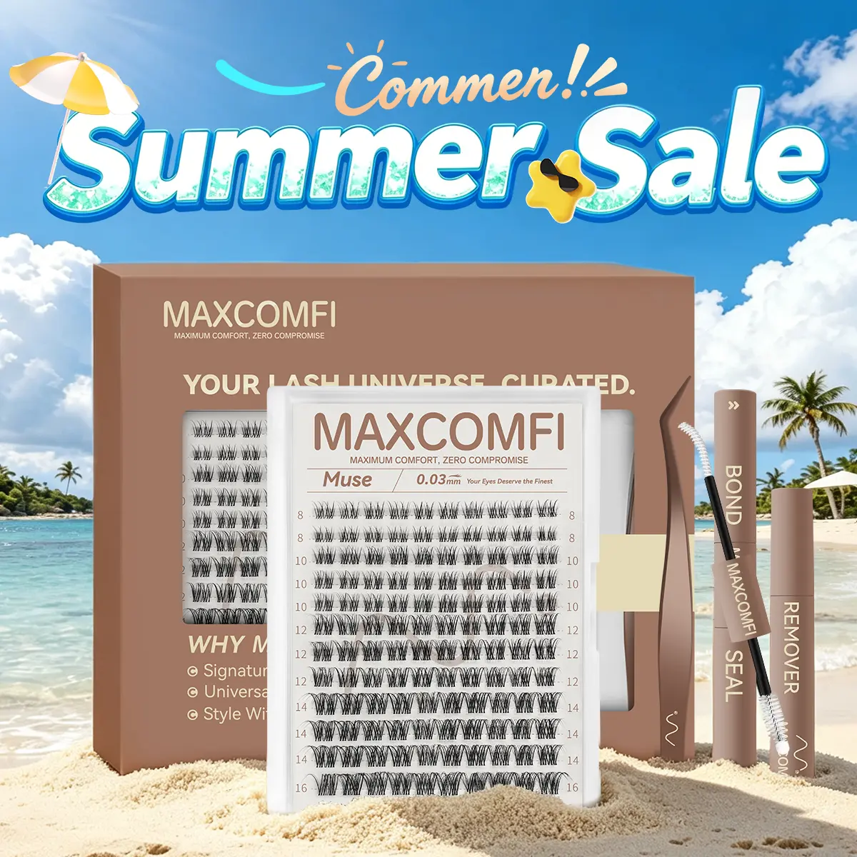 MaxComfi Muse Cosmetic Eyelash Extensions - DIY Eyelash Extensions, Beginner-Friendly Cluster Lashes, Waterproof, Thin Band, Super Soft, Long-Lasting Natural Venus Velure Style for Daily Voluminous Look, Makeup Essential, Eyelashes Extensions,sunscreen