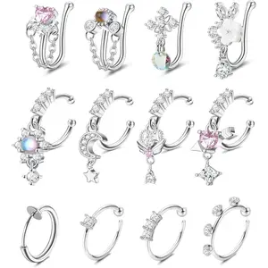 12-16Pcs Nose Cuff Fake Nose Ring Hoop Clip on Nose Ring CZ Dangle Fake Nose Ring Cartilage Tragus Ring Nose Cuff Non Piercing for Women Men Gold Silver