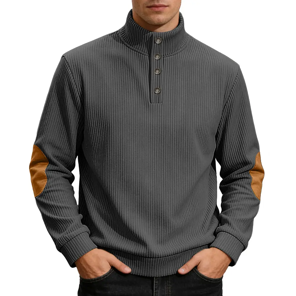 Men's American Vintage Stand Collar Long-Sleeve Sweatshirt - 4 Buttons, Vertical Ribbing, Elbow Patches, Color-Contrast Appliqué, Textured Knit Fabric - Ideal for Autumn/Winter Everyday Wear, Commuting