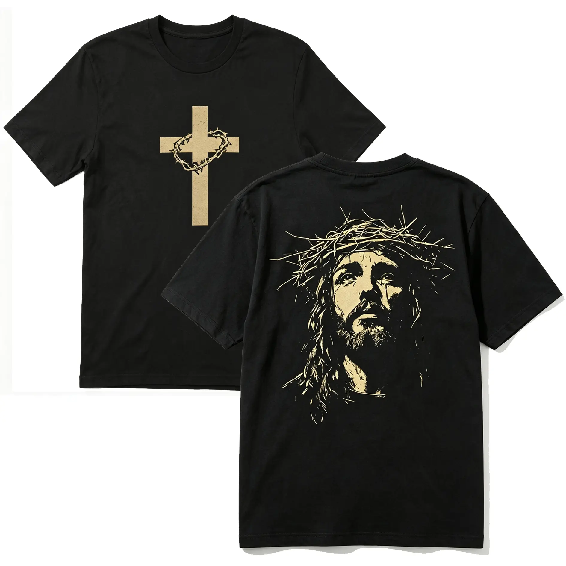 Unisex Jesus Crown of Thorns Double-Sided  Black Christian T-Shirt - Oversized Faith Tee.Double-Sided Print Jesus & Cross  Black T-Shirt - Christian Cotton Streetwear