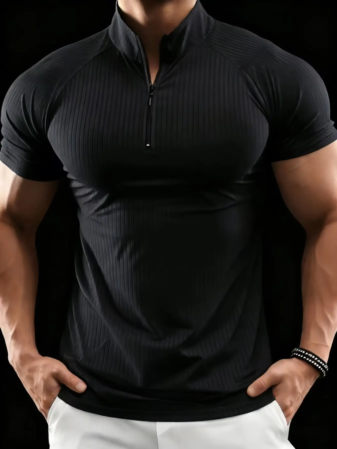 Men's American Half-Zip Training Short Sleeve, Vertical Groove Texture, High Elasticity, Quick-Dry, Breathable, Ideal for Gym and Daily Wear, Casual Sporty Top