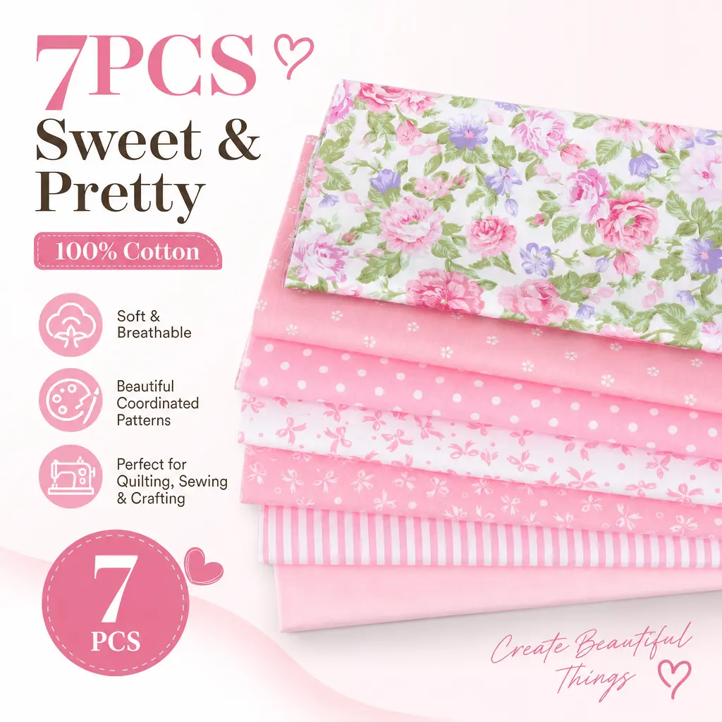 7 Pcs 20x20 in 100% Cotton Precut Fabric Panels - Soft, Breathable All-Season Squares for DIY Quilting Fat Quarter Bundles, Sewing