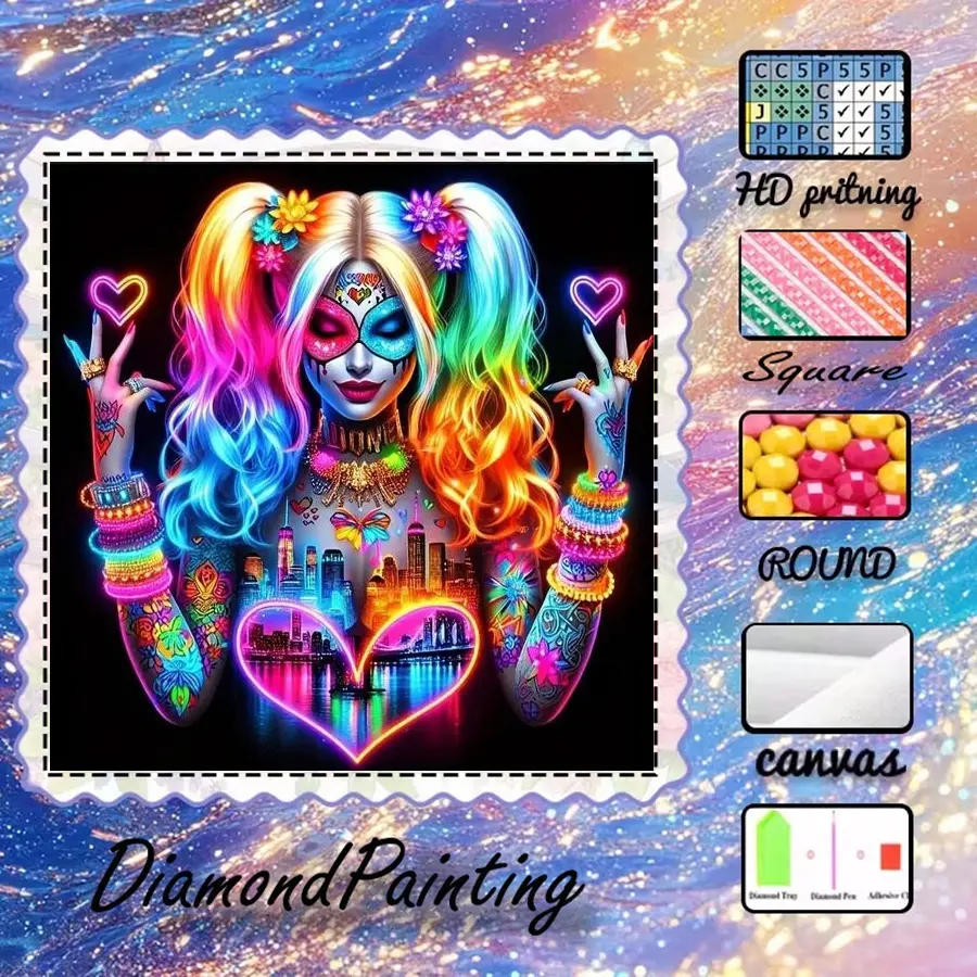 5D-DIY, velvet canvas, diamond art, diamond painting kits, Wall art painting, rainbow hair, night city, neon heart, AB diamonds, crystal diamonds, home decor, handcrafted diamond art painting kits, special craft diamond art kits