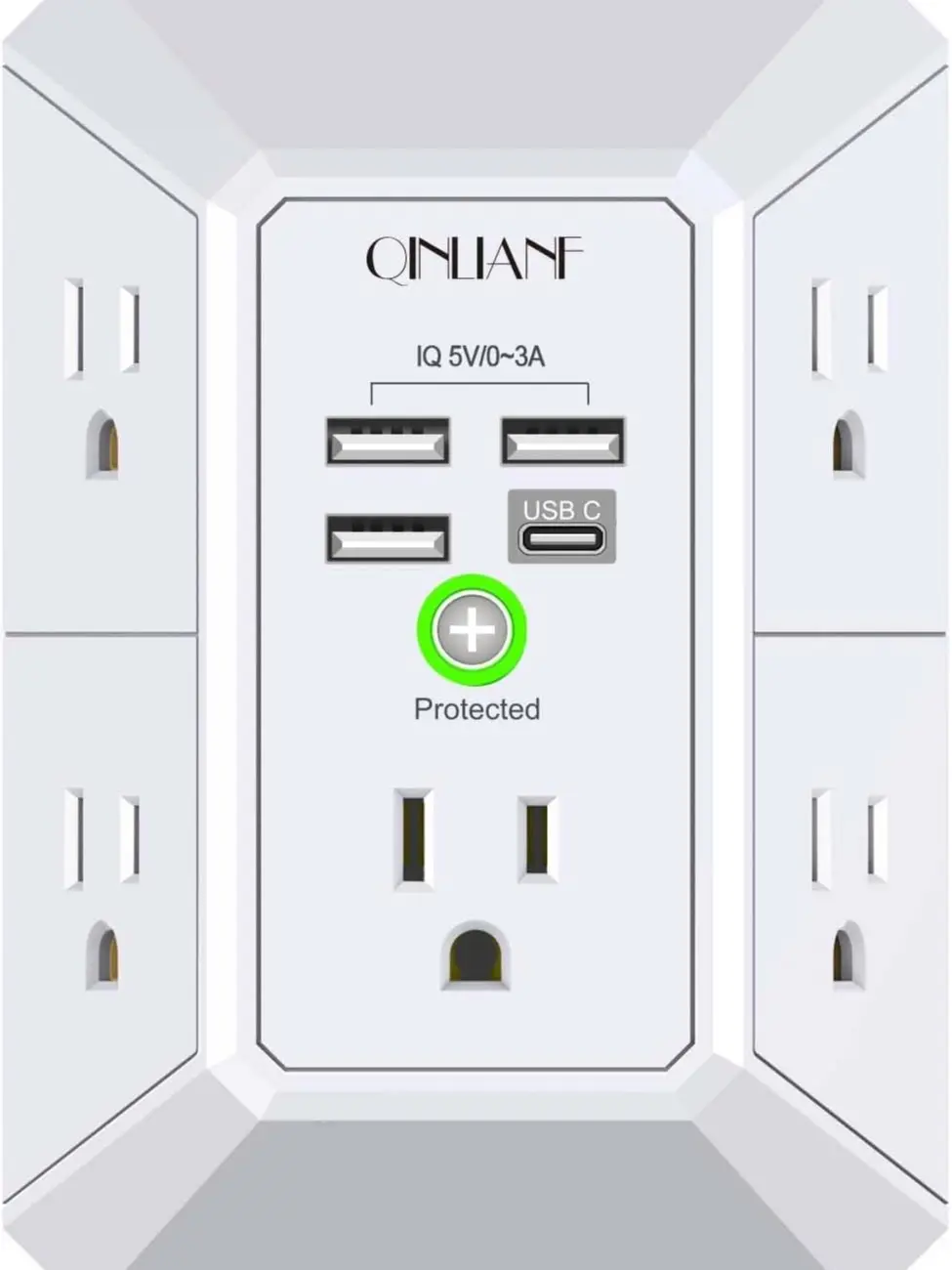 Wall Charger, Surge Protector, QINLIANF 5 Outlet Extender with 4 USB Ports | 1680 Joules, 3-Sided Power Strip, Multi Plug Wall Outlet Adapter Spaced for Home Travel Office, White