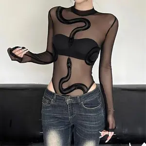 GothicSnakePrintMeshBodysuitWomenDarkPunkLongSleeveTransparentTops2025Y2KSexyFlockedSeeThroughOnePieceTee（gift）