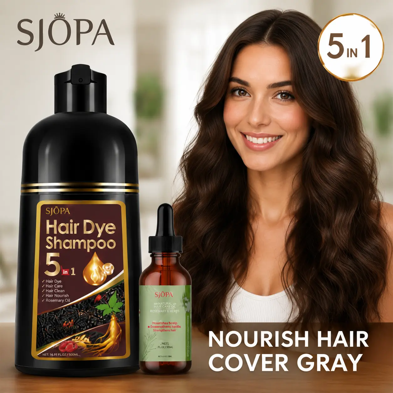 SJOPA 5-in-1 Hair Dye Shampoo & Rosemary Hair Care Oil Set, Natural-Looking Gray Coverage, Easy Apply Hair Color Shampoo for Men & Women, 500ml + 30ml