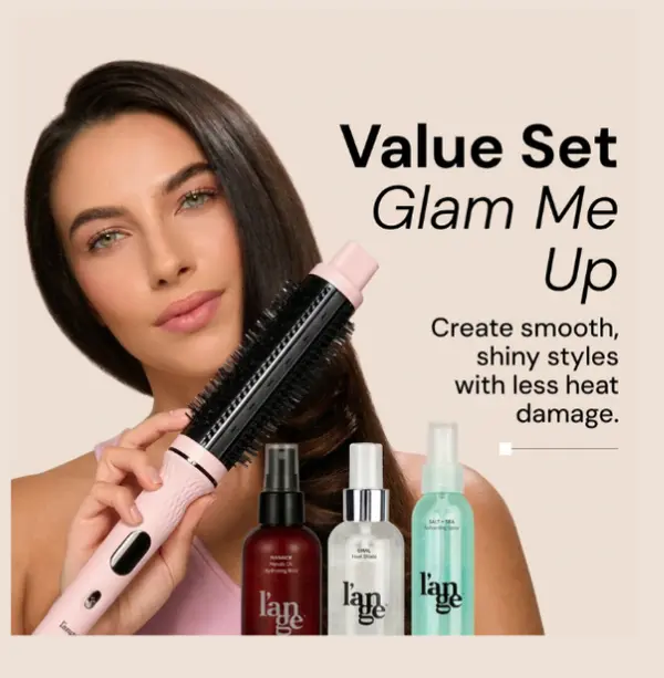 L'ANGE HAIR - Glam Me Up Value Set - Salon-Quality GlamWave Thermal Ionic Brush, Adjustable Rival Heat Shield, Lightweight Marula Oil Hydrating Spray, 4oz Salt + Sea Texturizing Spray, Flawless, Blush, Styling Kit, Smooth, Heat Free Styler, Blowout Hair,,