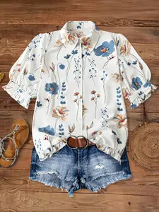 Casual vacation lapel pleated lace short-sleeved Ruffle Floral printed Blouse shirt top for women