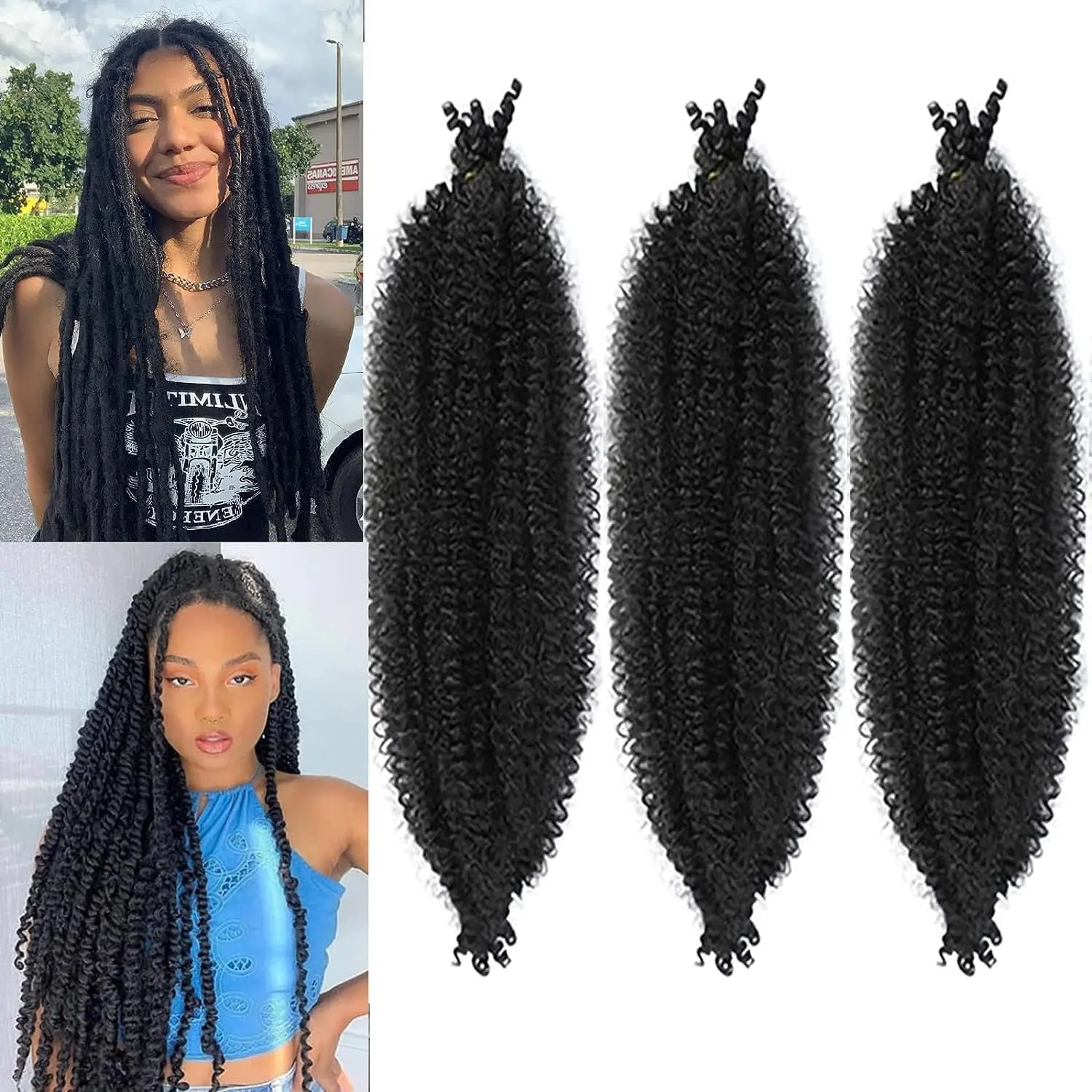 Springy Afro Twist Hair3Pcs Pre-Separated Kinky Marley Twist Braiding Hair 24in Springy Twist for Distressed Faux Locs Synthetic Hair Extensions Cuban Twist Hair(1B-Black)