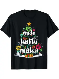 [Christmas Santa Festive T-Shirt] Hawaiian Christmas Mele Kalikimaka Santa Festive Alphabet Applique Crew Neck T-Shirt - Cotton Blend, Regular Length, Casual Style for All Seasons Clothes Menswear