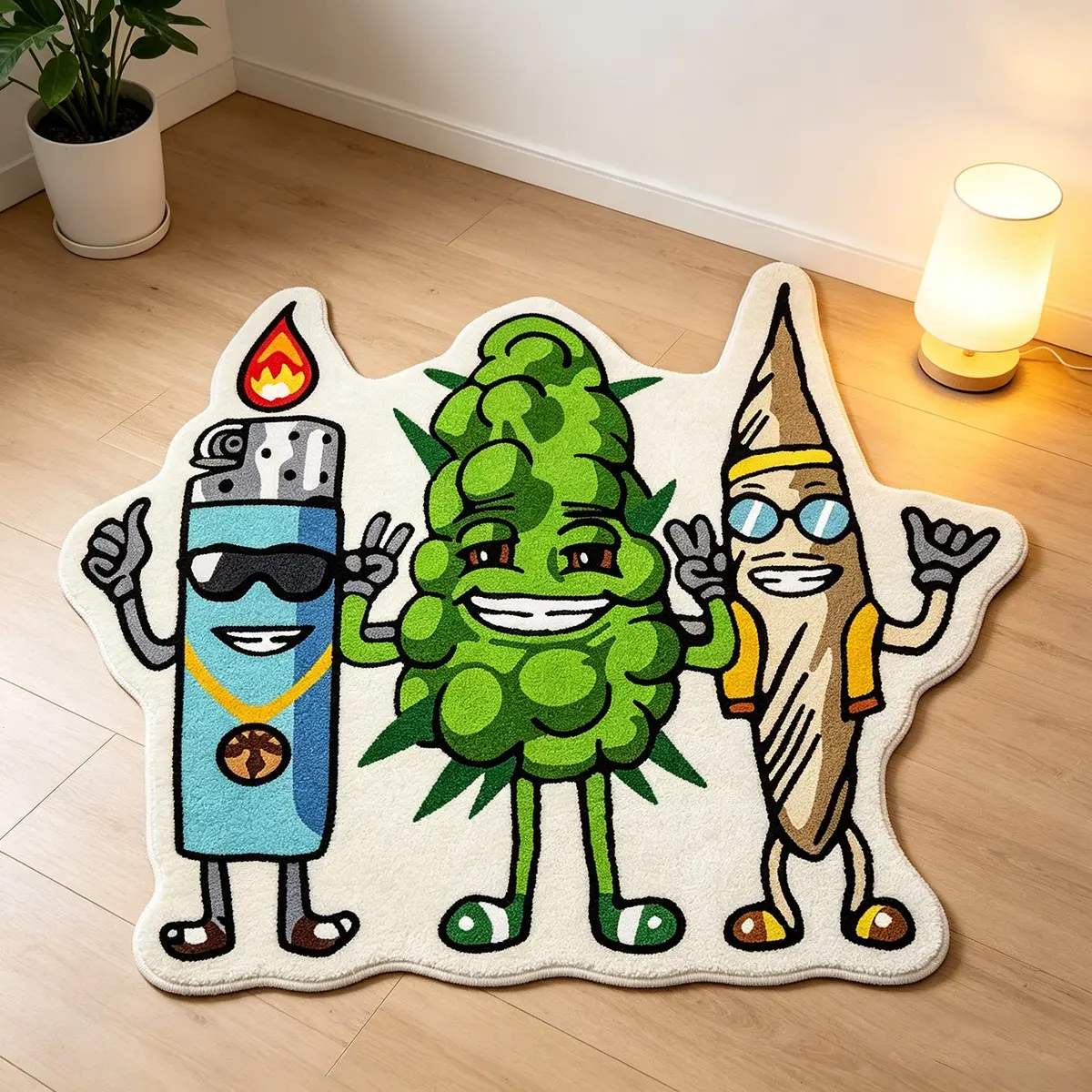 Instagram-style cartoon lighter, hemp sprout, and cigarette trio rug, Kawaii rug, irregularly shaped rug, Cartoon pattern rug, rug for the living room, short-pile bedroom/gaming room rug, printed rug, washable rug for cartoon lovers