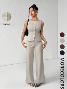 Women's Solid Button Front Tank Top & Wide Leg Pants Set, Casual Fashion Two-piece Set for Summer, Women's Clothing for Daily Wear, Suits, Office Siren Outfits