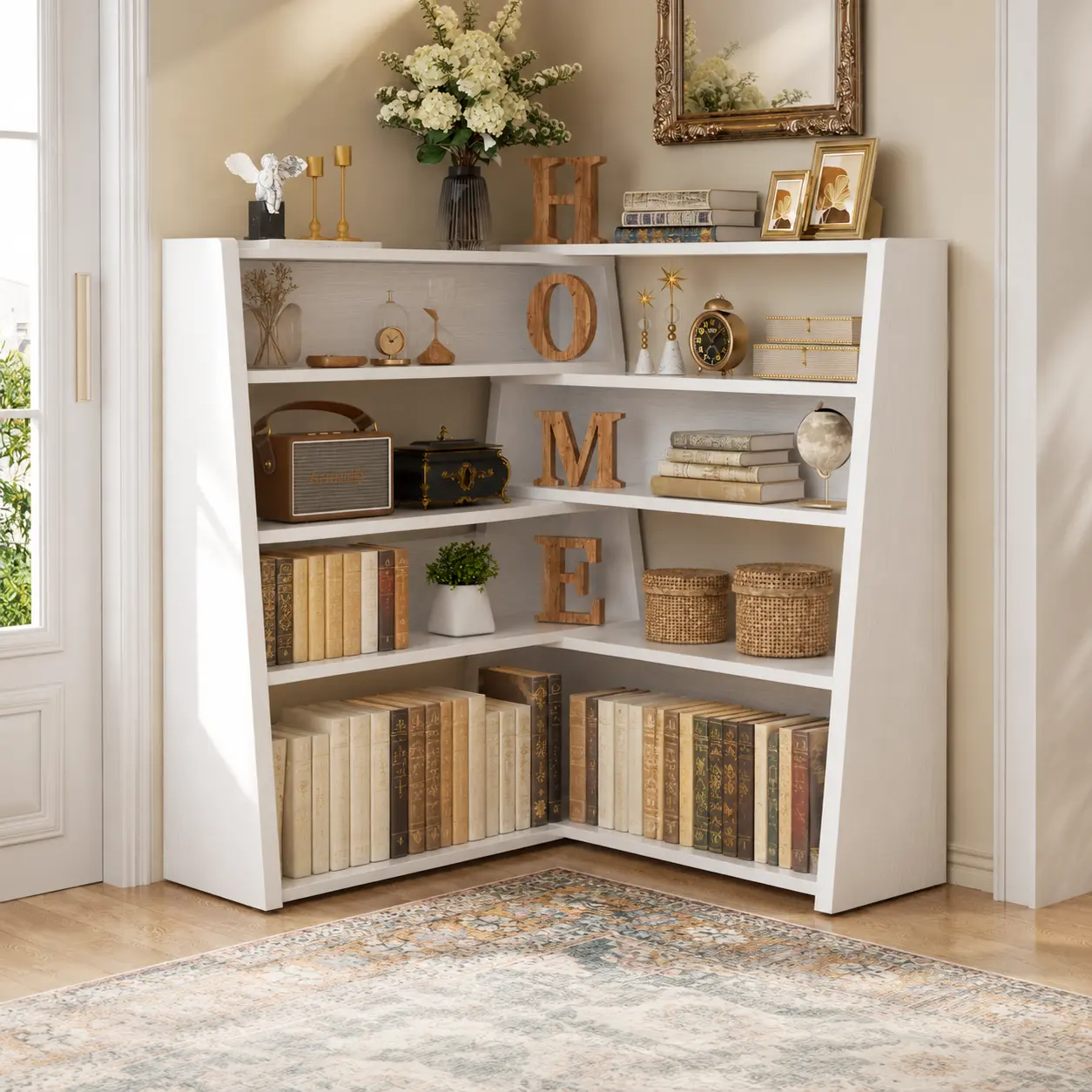 4/5 Tier Adjustable Corner Bookshelf,Modern Extendable L-Shaped Bookcase with Open Shelves,for Home,Office,Apartment,Studio