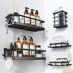5-Count Punch-Free Wall-Mounted Metal Shower Organizer Set - Waterproof Removable Rust-Resistant Multi-Piece Bathroom Shower Equipment with Hollow Drain, Wall-Mounted Trays, Father’s Day Home Gadget