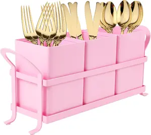 Metal Silverware ,3 Compartment Utensil Holder With Metal Rack,Utensil  Flatware Cutlery Organizer for Countertop Party Picnic Camping Outdoor Pink