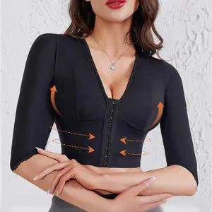Women's Arm Shaper Tummy Control Post Surgery Arm Lipo Compression Long Sleeves with Lace Arm Front Zipper Closure Shapewear Bra