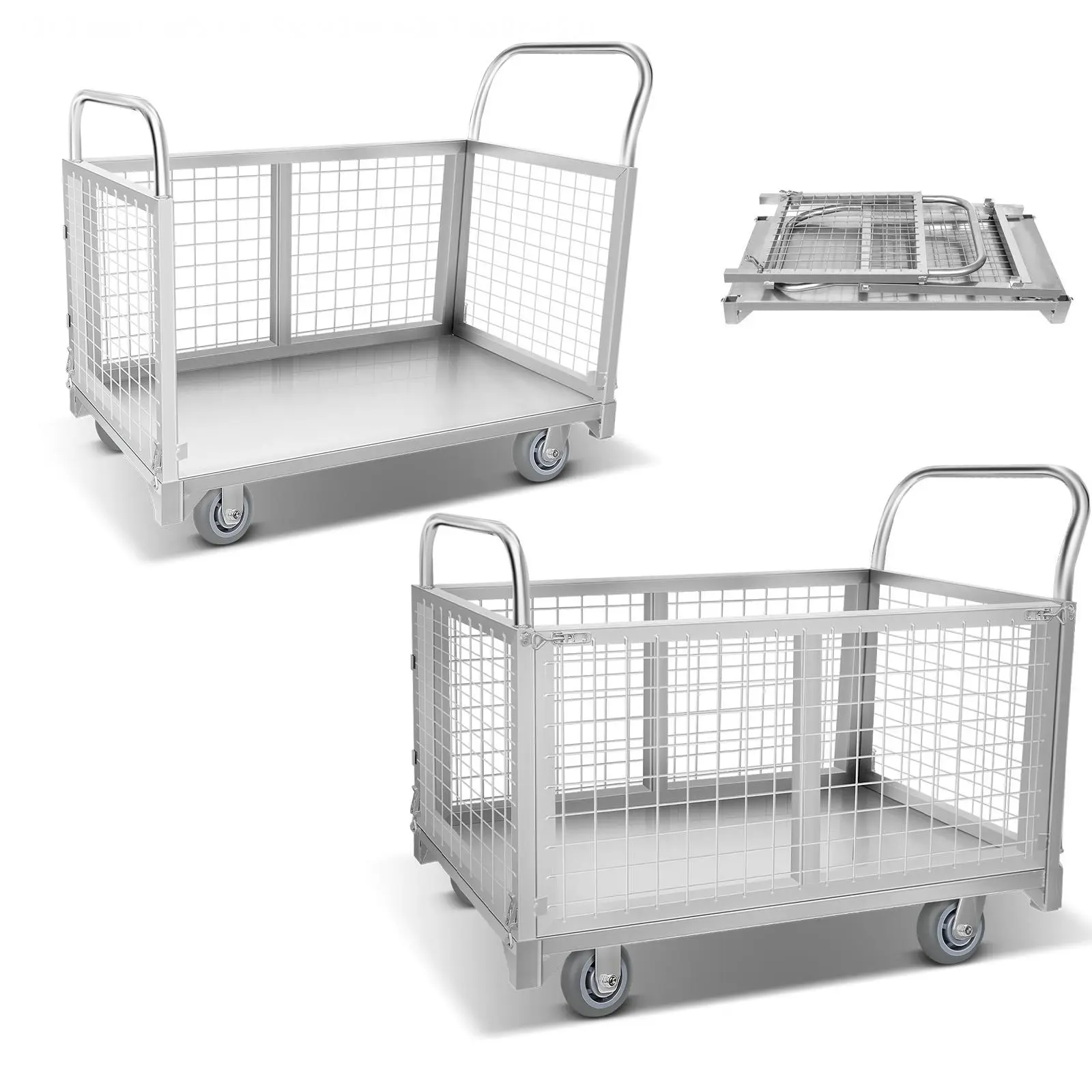 Heavy-Duty Rolling Trolley - Foldable Platform Hand Truck Cart with Steel Base, Folding Frame, Detachable 6-Sided Mesh Guardrails, 2200 lbs Load Capacity, Swivel Casters, Large Wheels for Garage Use