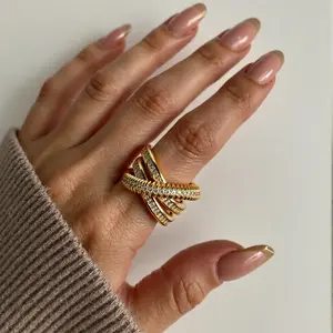 TikTok Viral Trending 14K Gold Plated Tarnish Resistant Multi Layer Cross Open Adjustable Ring for Women Nickel Free Cubic Zirconia Paved Stackable Dainty Daily Party Wear Fashion Jewelry Birthday Anniversary Valentine Bridesmaid Gift for Her