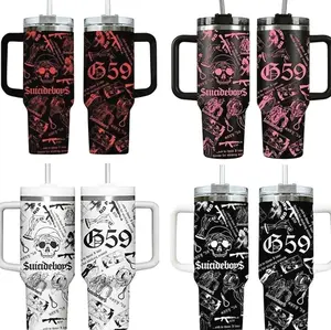 Collection SuicideboyS G59 Skull Aesthetic 40oz Tumbler With Handle, Underground Rap Merch Cup, Dark Trap Goth Style Travel Mug, Flasks Gift For Grey Five Nine Fan ,Muticolor Collage Design Stainless Steel Insulated Tumbler For Music Fans