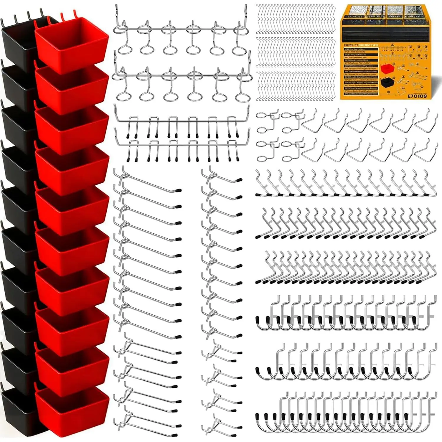 Pegboard Hooks Kit, Peg Board Organizer Accessories with Bins for Organizing Various Tools, Fit 1/8 or 1/4 inch Pegboard for Hanging Storage, Garage, Workshop & Craft Room