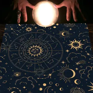 1pc Vintage Celestial Zodiac Golden Square Altar Cloth Tablecover Mystical Cosmic Astrology Tablecloth Tarot Card Spread Reading Cloth Table Mat Decor Witchy Tapestry Wall Hanging Home Decor Rugs Room Gift for Holidays Seasonal Occasions