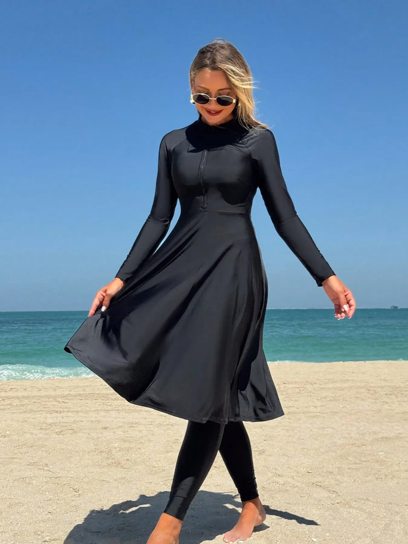 Women's Long Sleeve Swimwear Set, Muslim Style Beach Vacation Dress with Front Zipper, Casual Pants, Swimsuit Sets, Modest Swimming Wear, Modest Beach Swimsuits, Modest Bathing Suits
