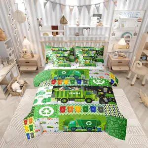 GarBage Truck Boys Toddler Kids Comforter Set Bed in a Bag,7 Pieces,(Comforter+Fitted+Flat Sheet+2 Pillowcases+2 Throw Pillow Covers)