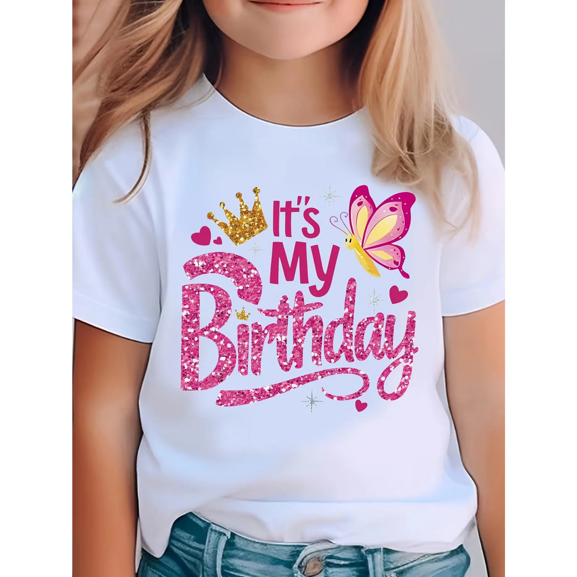 Minimalist Kids' Cotton T-Shirt, 1pc Crew Neck Regular Fit Tee with Butterfly & Alphabet Prints, Medium Stretch Knit Fabric, White, for Boys & Girls, Ideal for Birthday & Spring/Summer/Fall Wear