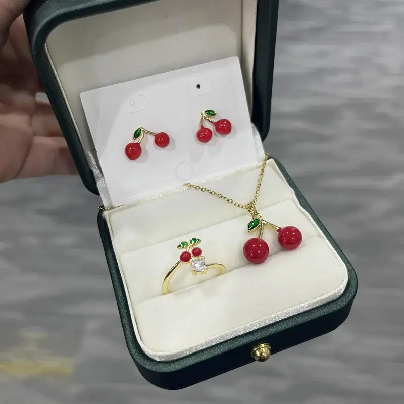 3-Piece Jewelry Set for Women with a Charming Cherry Design - Necklace, Earrings & Ring for a Girly Aesthetic, Casual Summer Look, Female, Feminine Aesthetic, Cute, Jewelry Sets, Studs, Coated Metal, Daily