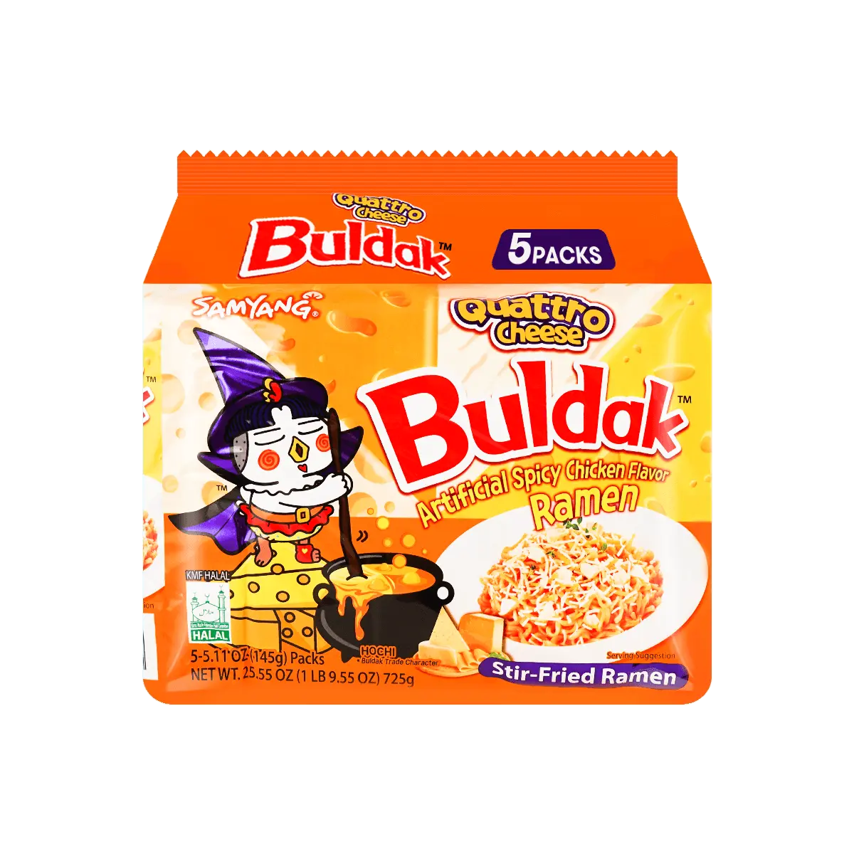 Samyang Buldak Hot Chicken Ramen – Quattro Cheese Flavor, 5 Packs (25.55 oz) | Spicy Korean Instant Noodles, Cheesy & Fiery, Quick Meal