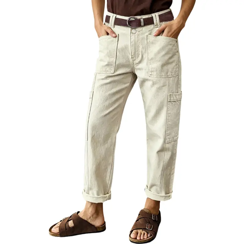 Flamingals Solid Patch Pocket Roll Hem High Rise Straight Leg Crop Pants Without Belt Stretchy 25.0'' Inseam
