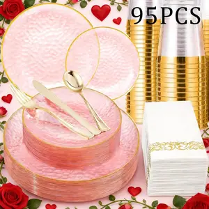 95-Piece Hammered Plate Set, Plastic Plates Knife Fork Spoon Cutlery Set, Gold Trim Plates, Tableware, for Parties Weddings Valentine's Day Birthdays