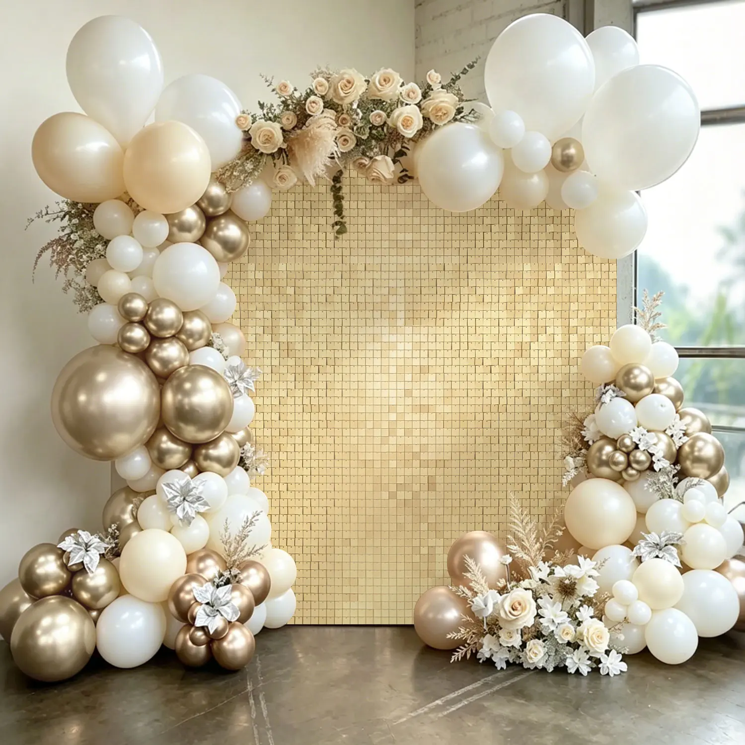 Matte Champagne Gold Shimmer Wall Backdrop, Sequin Fitted Glitter Square Panel Backdrop, Wind Active Reflective Shimmer Wall Available in 4 Sizes for Birthday Party Baby Shower Wedding Ceremony Banquet Photo Booth Decor