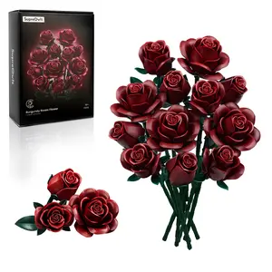 Supreowls Burgundy Red Rose Flowers Brick Bouquet Kit, DIY Building Flower Set for Adults, Gothic Botanical Blocks for Halloween Decor & Valentine’s Day & Christmas Gift & Romantic Gift Display