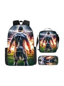 Cr7 Football Star Travel Bag Set, Three-In-One Student Backpack, Lunch Box, Pencil Case, Durable Multi-Functional Storage Bag, Travel Backpacks