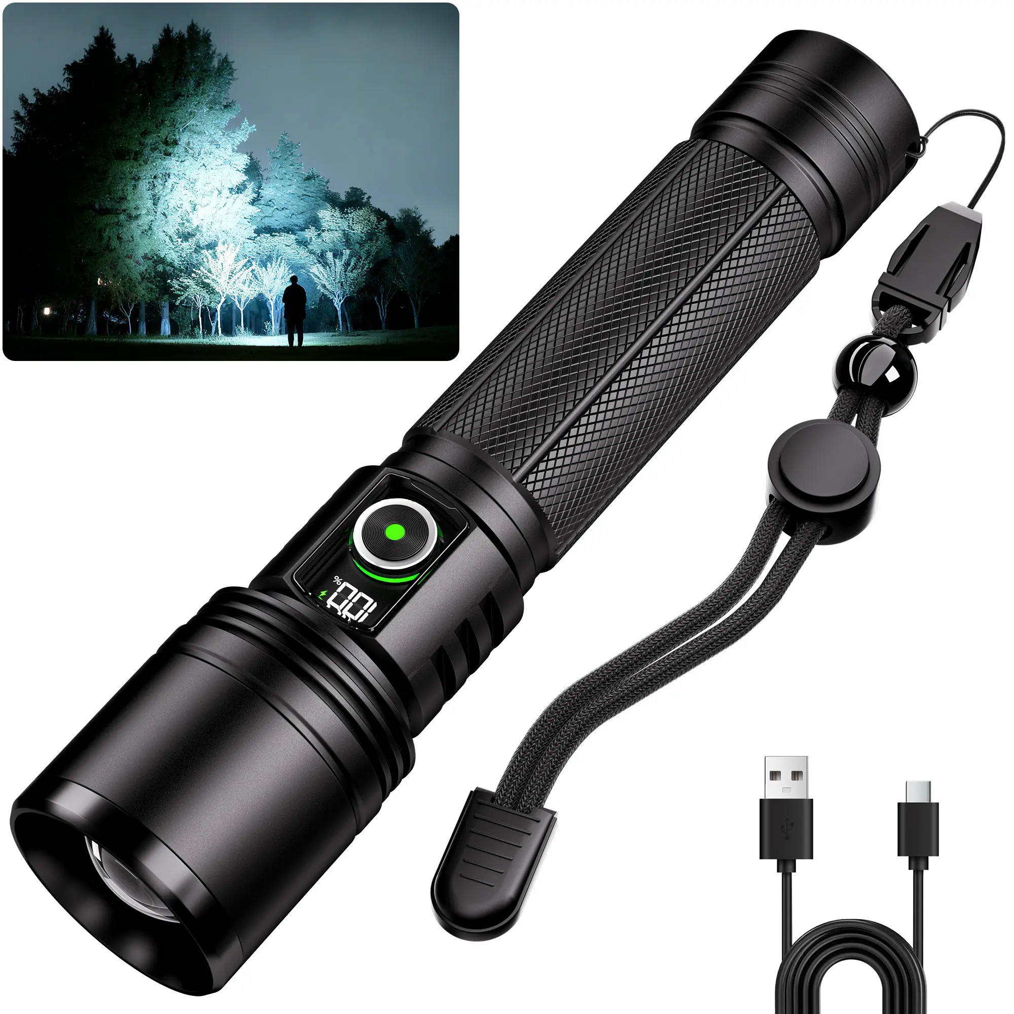 Rechargeable Flashlights 2500 High Lumens, High Performance Flashlight, Digital Display Super Bright LED Flashlight, Adjustable Torch, Zoomable, 5 Modes, Edc Flashlight, Tactical Handheld for Camping, Powerful Handheld Flashlights