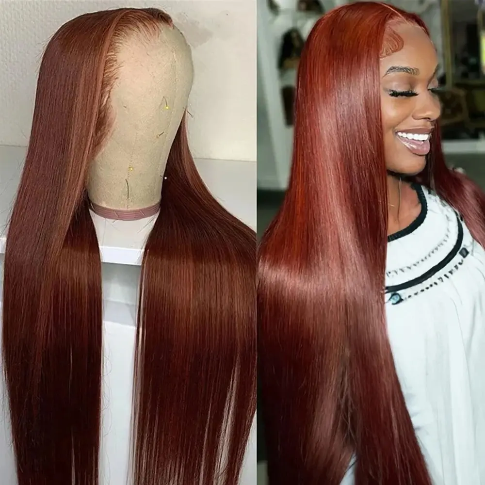 Bling Hair Reddish Brown Bone Straight 13x4 13x6 Human Hair Lace Front Wig Colored Brazilian Remy Hair Transparent Lace Frontal Wig For Women PrePlucked Hairline