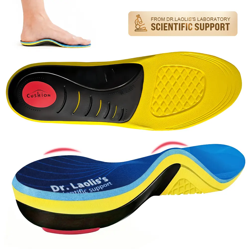 240+ lbs Heavy Duty Arch Support Insoles | Orthotic Inserts for Plantar Fasciitis & Flat Feet | Anti-Fatigue Shoe Insoles for Work Boots, Sneakers, Athletic Shoes and Standing All Day Pain Relief (Yellow/Blue)