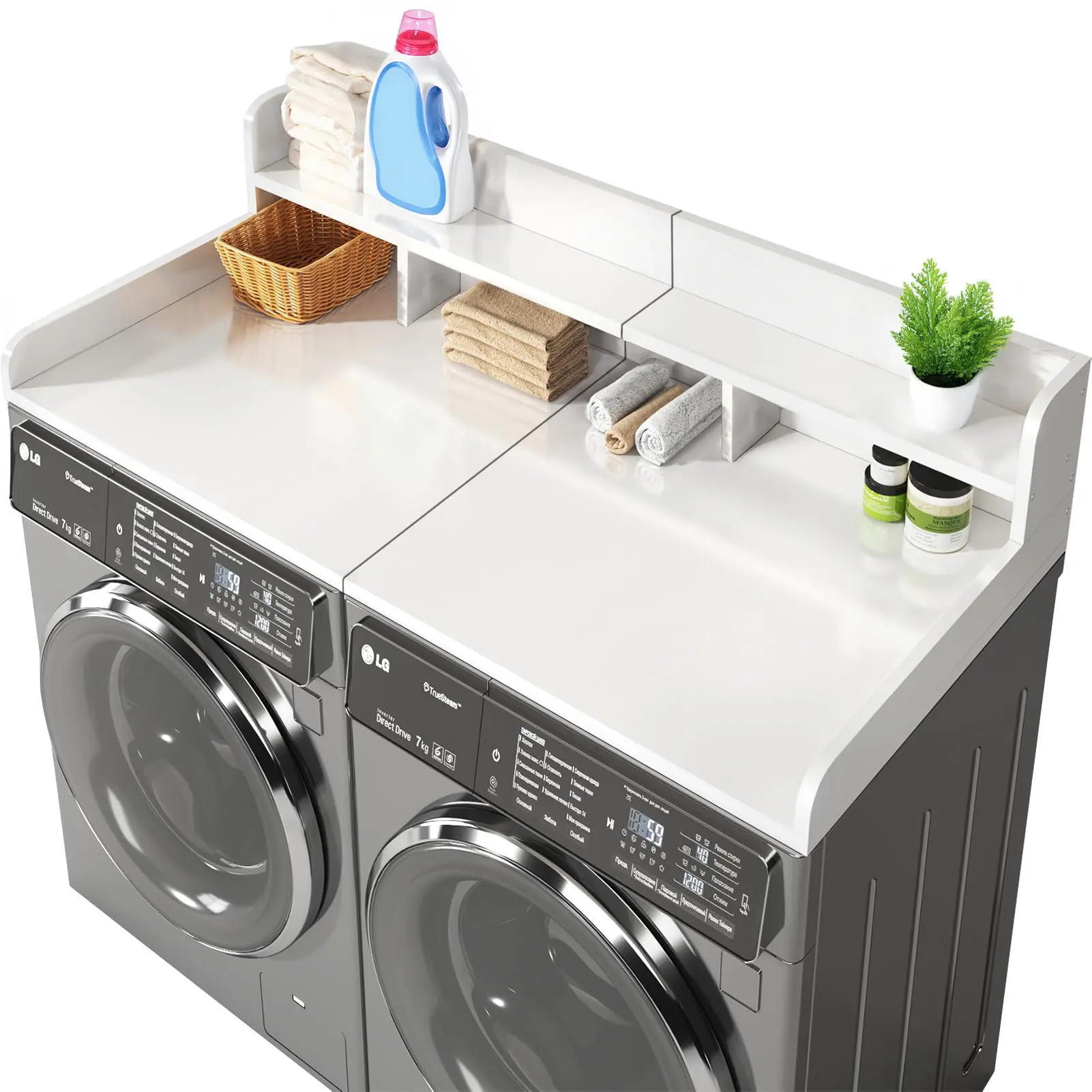 Double Layer Rectangular Wood Washer Dryer Countertop - Functional Single Unit MDF Board Shelf Topper Organizer with Non-slip Pads, Extra Divider, 54x27.5x12in for Laundry Room Appliance Storage, Laundry Space Optimization