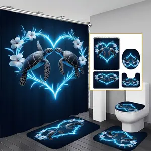 1/3/4PCS Bioluminescent Turtles Shower Curtain set, Mystical Turtles and Glowing Flowers Bathroom Decor, Accessories with Bath Mat, U-shaped Mat, Toilet Lid Cover, 12 Hooks 180x180cm Curtain, Ocean Mystery, Home Decor, bathroom accessories.